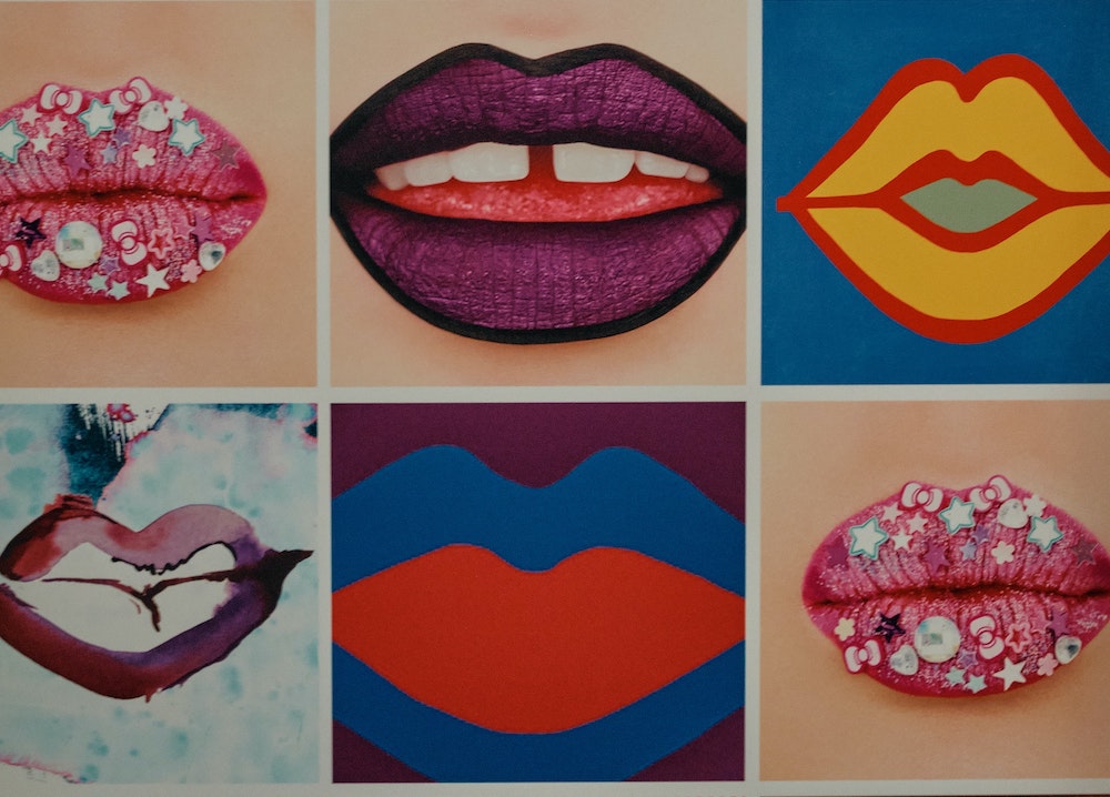 Grid of six different mouths, some photographs, some illustrations, all appearing to wear lipstick 