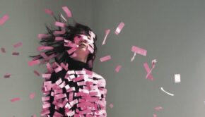 From the cover of the book Bianca: a woman with black hair, her face and body nearly obscured by pink paper rectangles