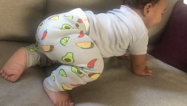 Side view of a crawling baby wearing taco pajama pants
