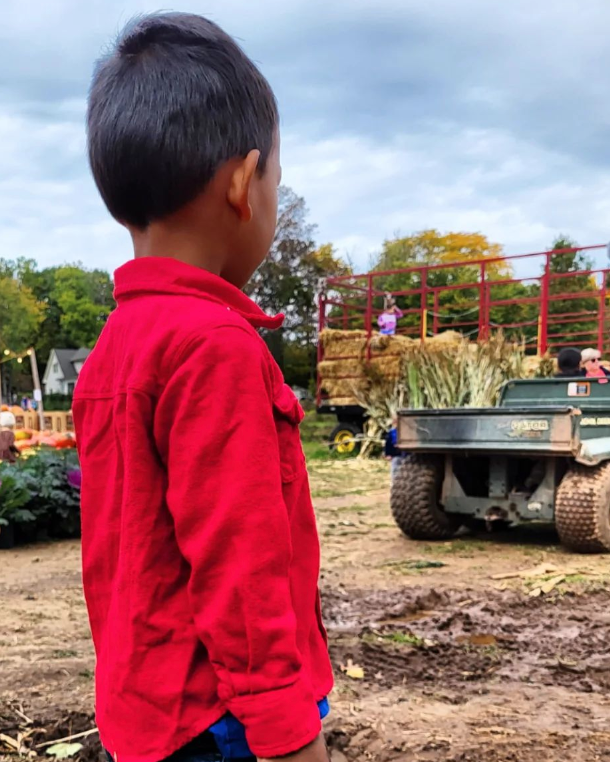 A young boy with dark hair, brown skin, and a red shirt looks at tractors in the distance