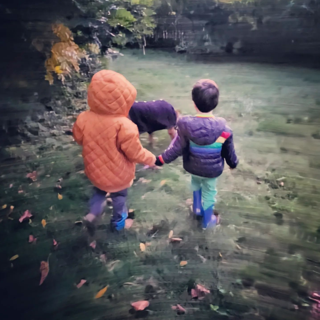Two small boys in windbreakers hold hands and walk on leaf-strewn grass