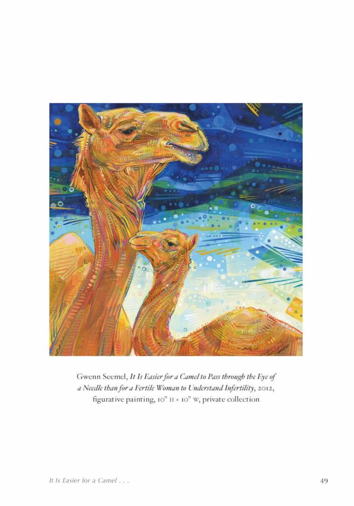 Painting of two camels against a moody blue sky