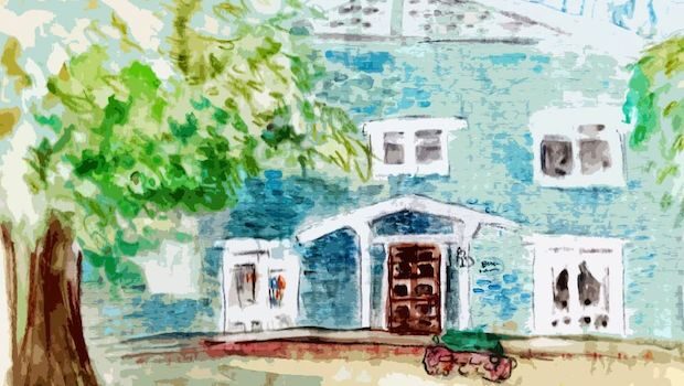 Painting of a green Craftsman-style house