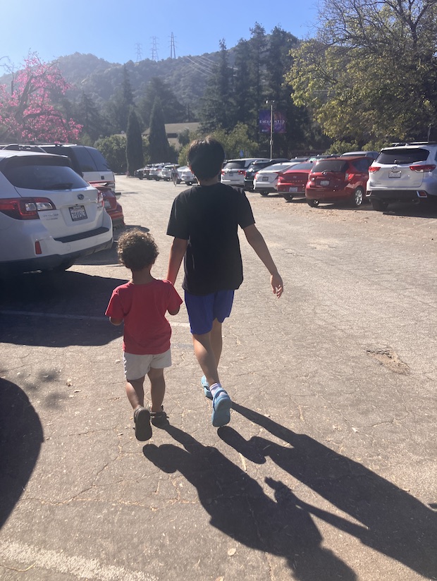 A 10-year-old and a 3-year-old hold hands in a parking lot. Mountains and flowering trees can be seen in the background.