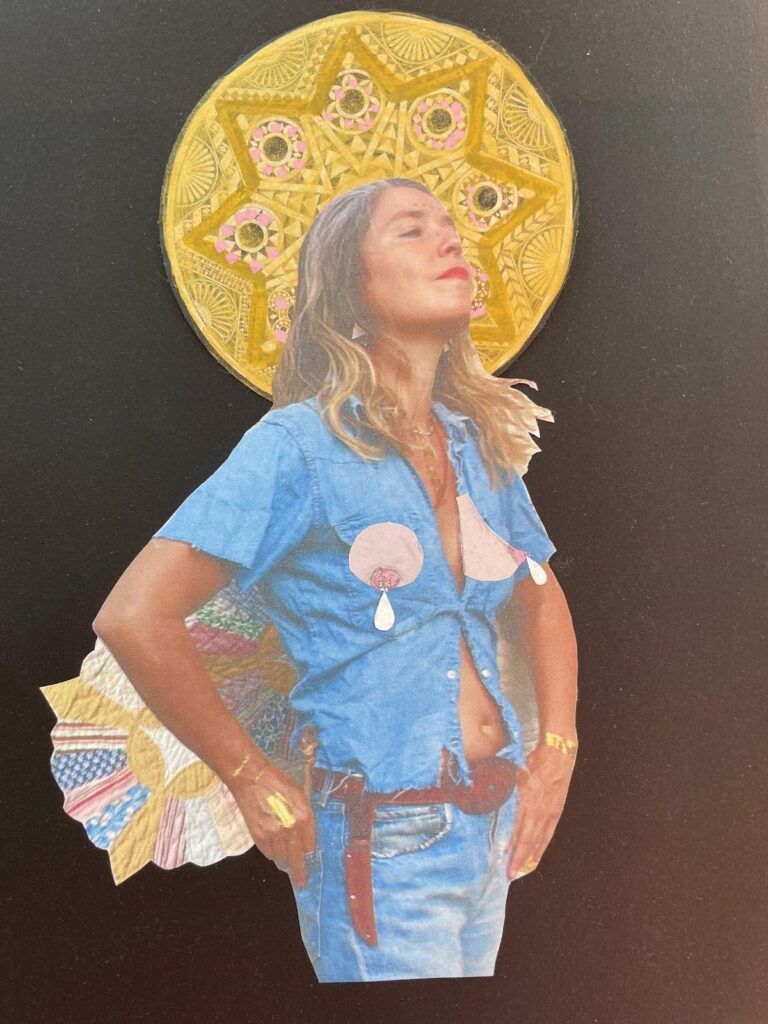 Collage portrait of a woman with milk leaking from her breasts and a golden halo behind her