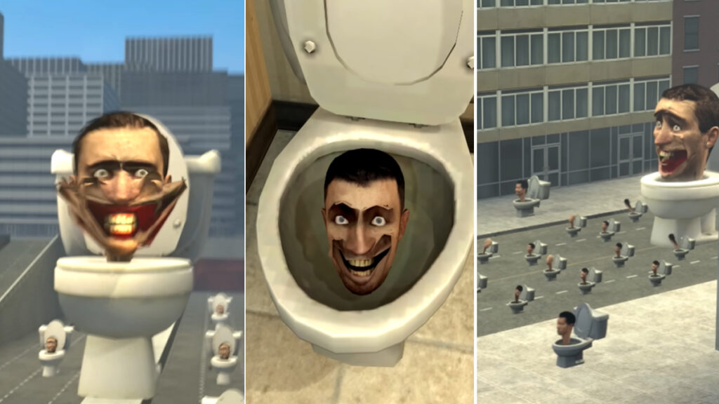 Screen shot from the Skibidi Toilet video, featuring scary looking faces coming out of toilet bowls