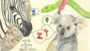 Illustration featuring a zebra, snake, flamingo, and koala, each speaking the letter that starts their name