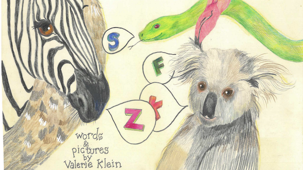 Illustration featuring a zebra, snake, flamingo, and koala, each speaking the letter that starts their name