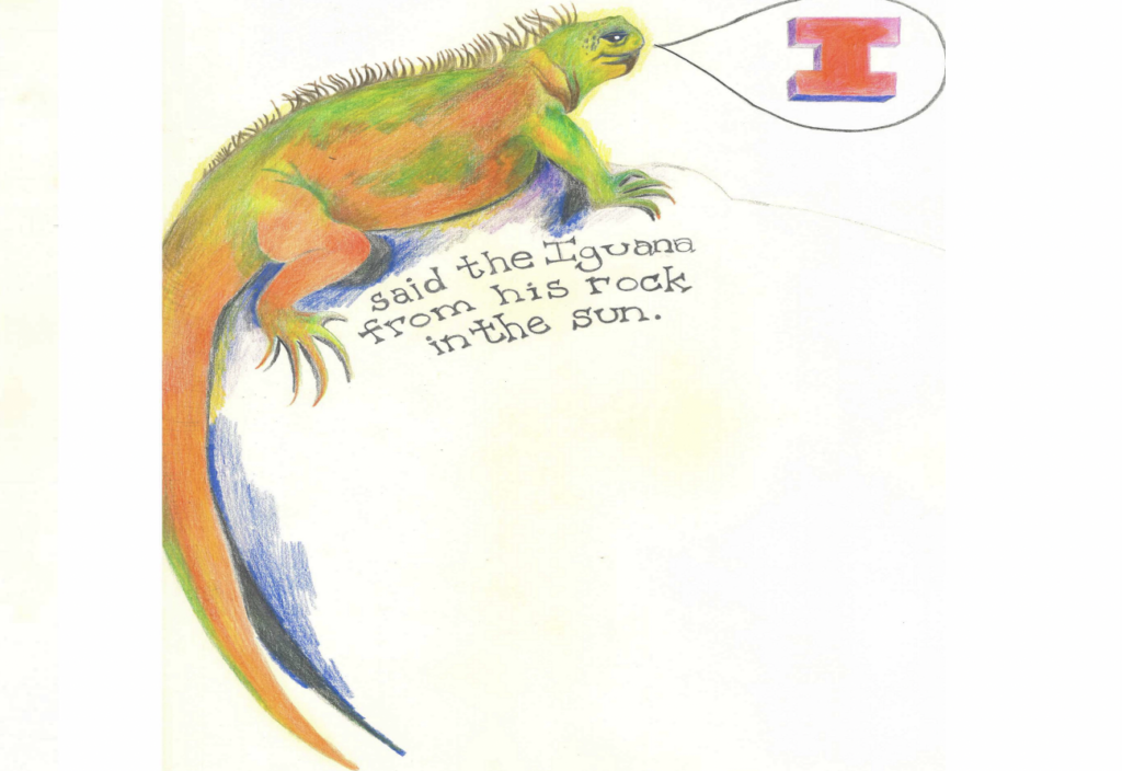 Illustration of an iguana saying "I"