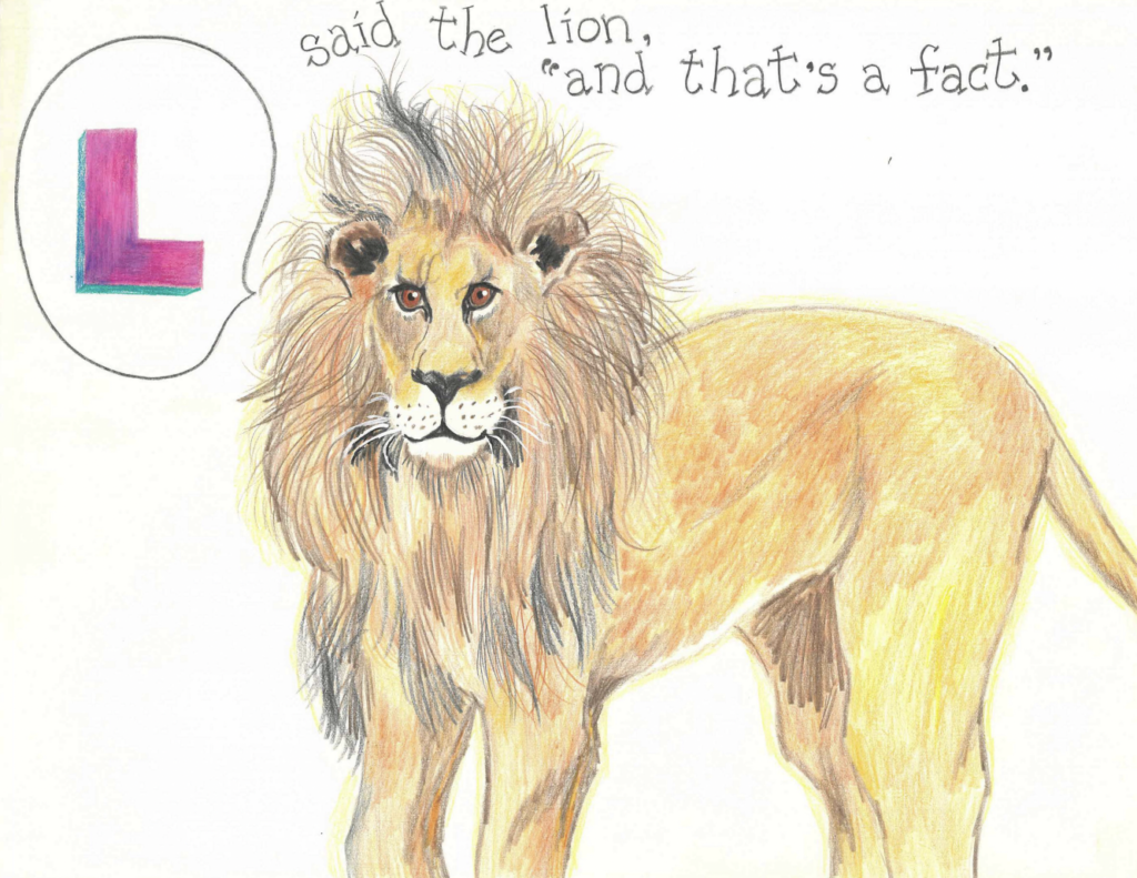 Illustration of a lion saying "L"