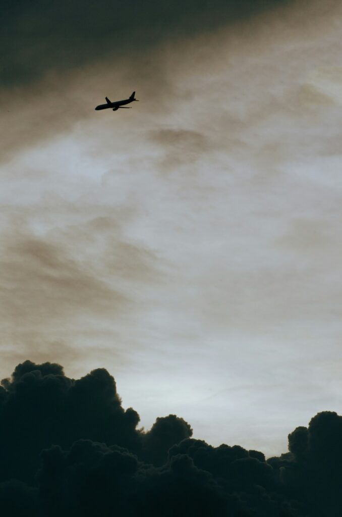Airplane flying through cloudy skies above a treeline