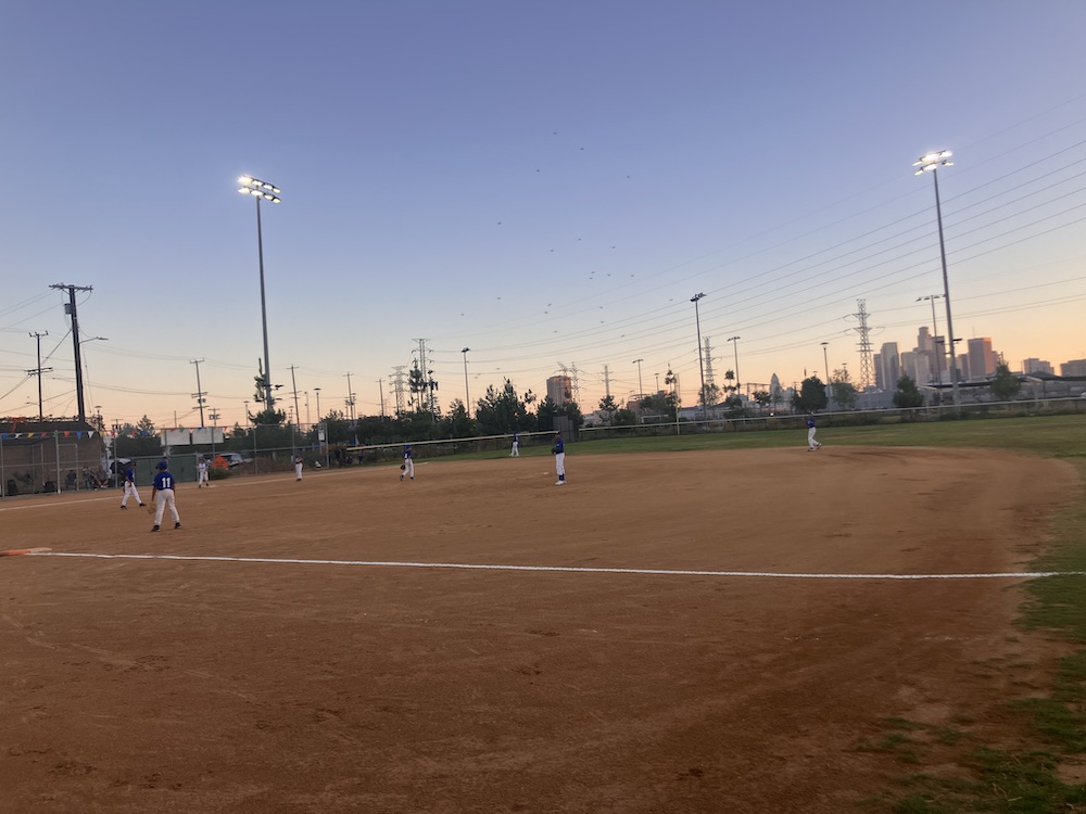 A baseball field at dusk. Power lines and a downtown skyline are visible in the background.