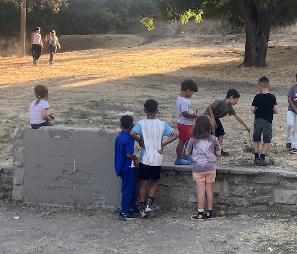 Eight young kids play in a park. Some carry sticks.