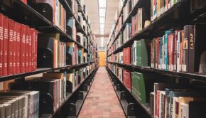 Library shelves, seen from the center of a long aisle