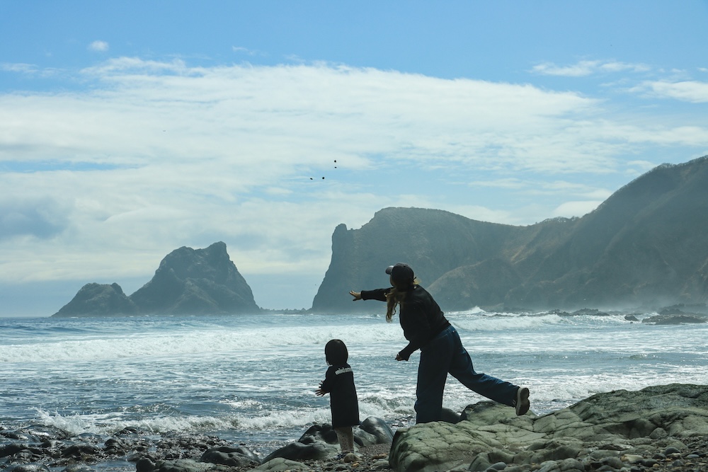 Mother and young girl stand on a rocky beach facing the ocean. The mother appears to have just tossed something in the sea.